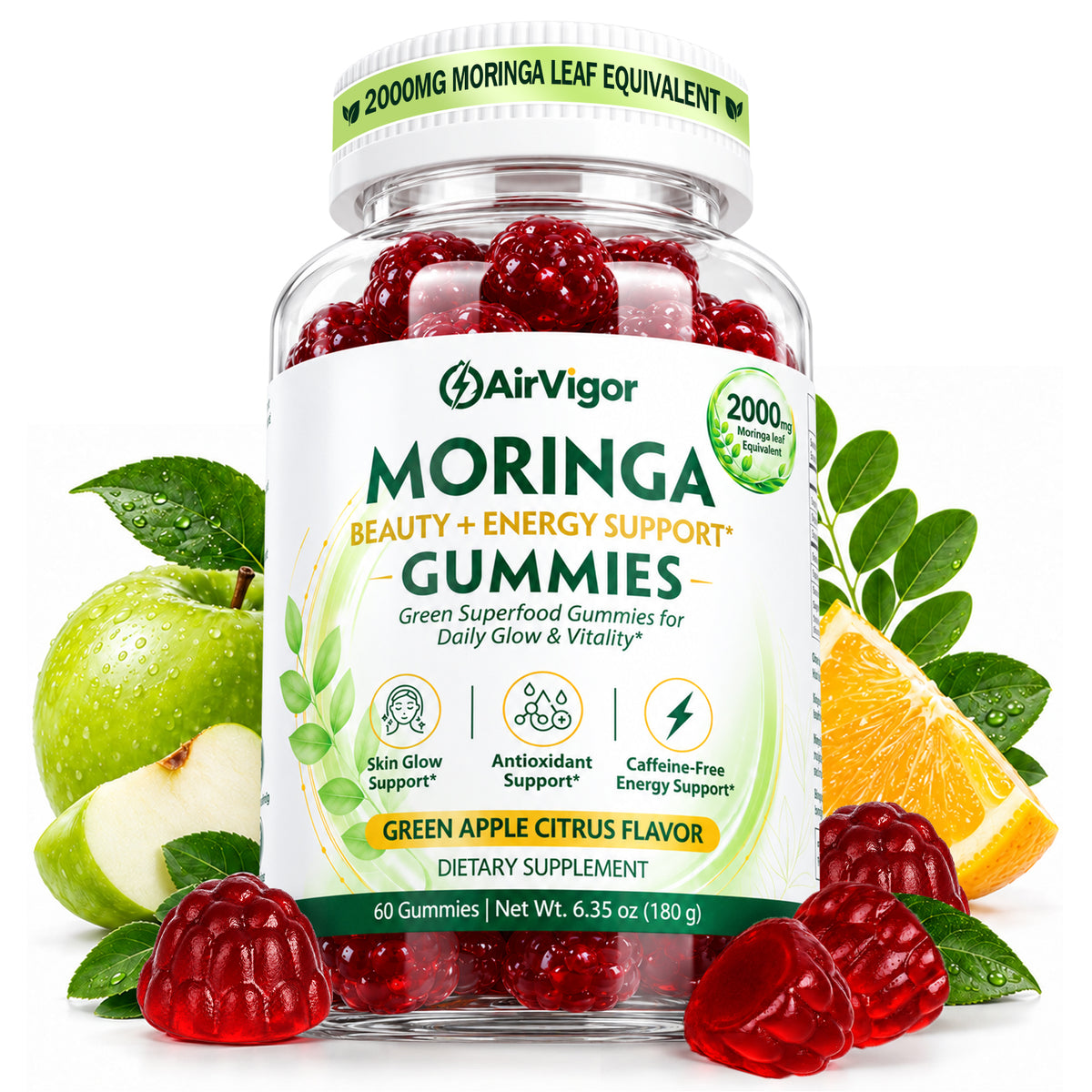 Moringa Gummies, Moringa Leaf Extract 10:1, Green Superfood, Vegan