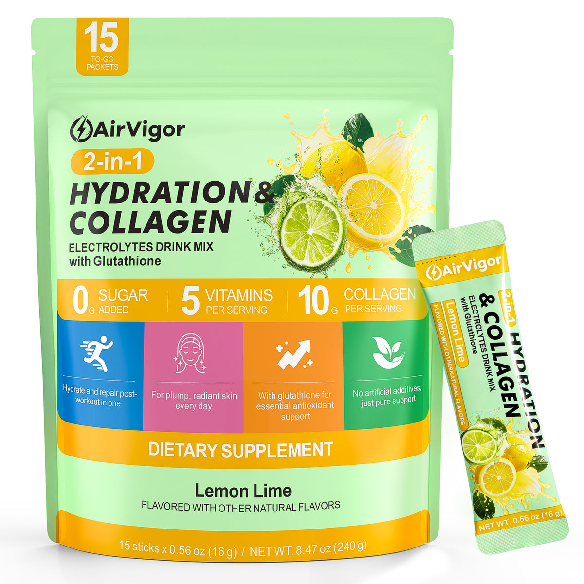 Collagen Electrolytes Powder Packets, 10g Collagen, Lemon Lime