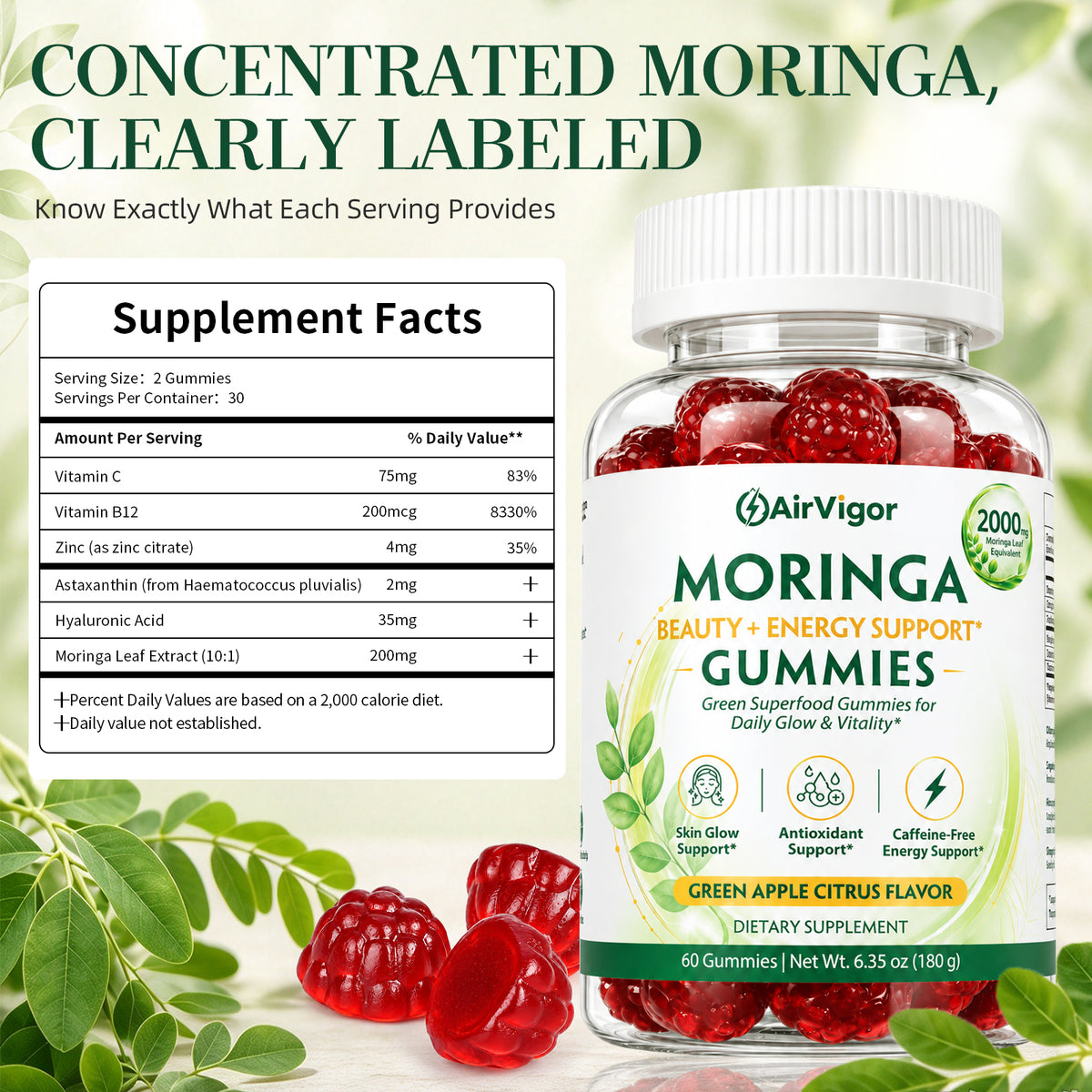 Moringa Gummies, Moringa Leaf Extract 10:1, Green Superfood, Vegan