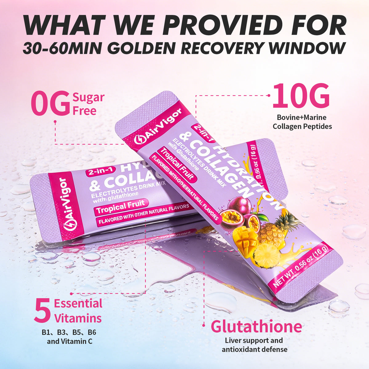 Collagen Electrolytes Powder Packets, 10g Collagen, Tropical Fruit