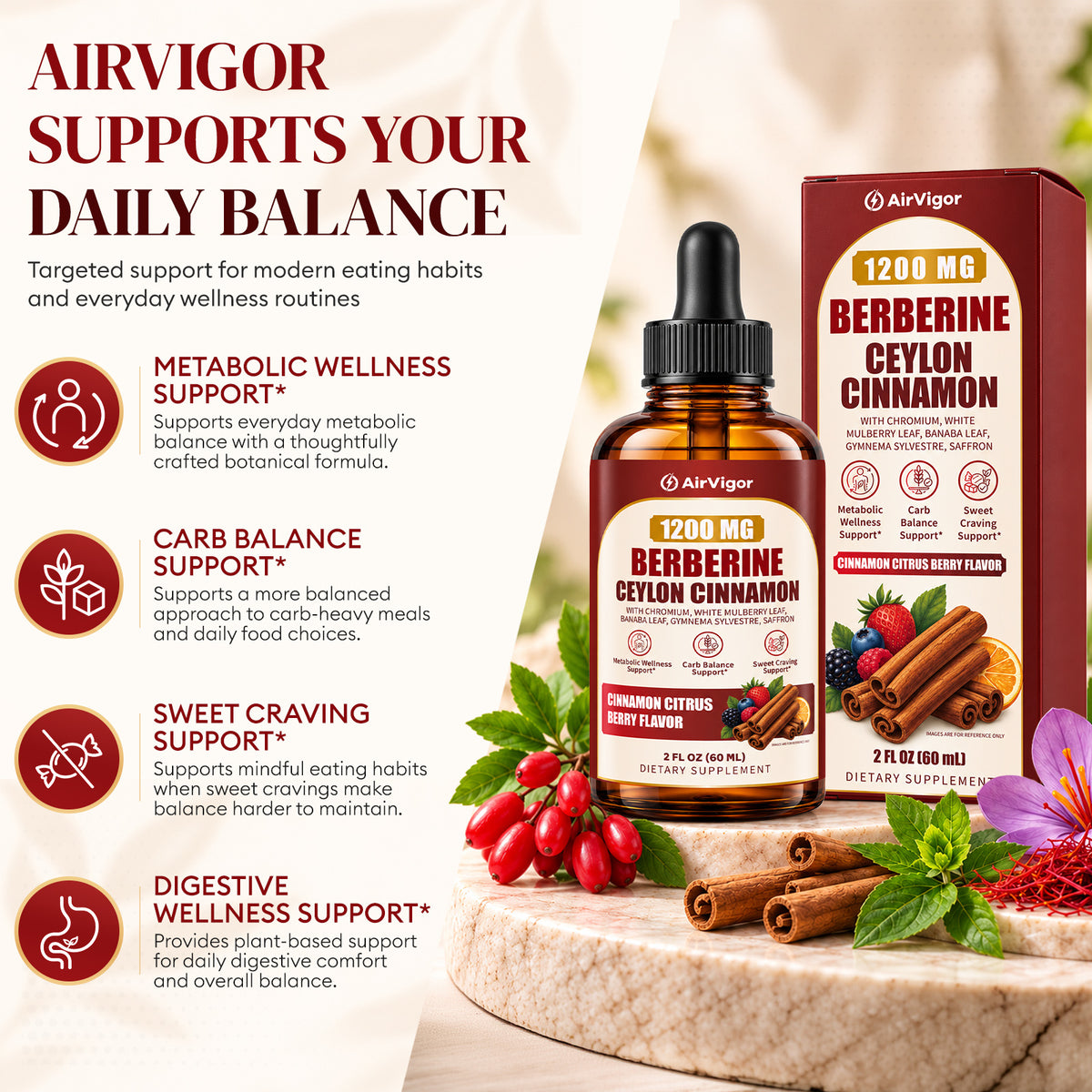 Berberine with Ceylon Cinnamon Supplement Liquid Drops, 1200mg
