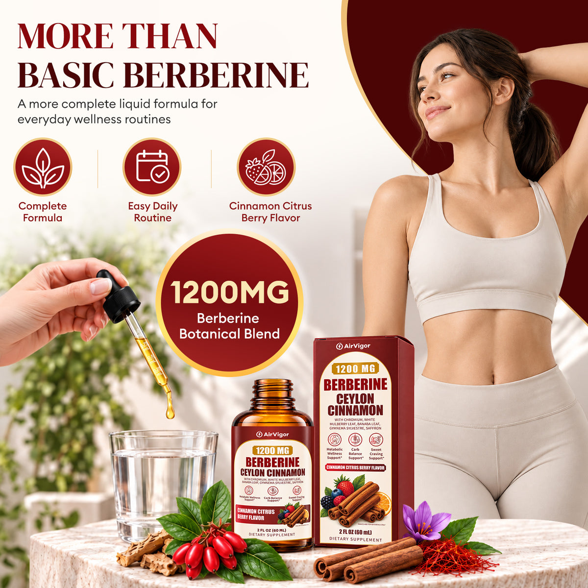 Berberine with Ceylon Cinnamon Supplement Liquid Drops, 1200mg