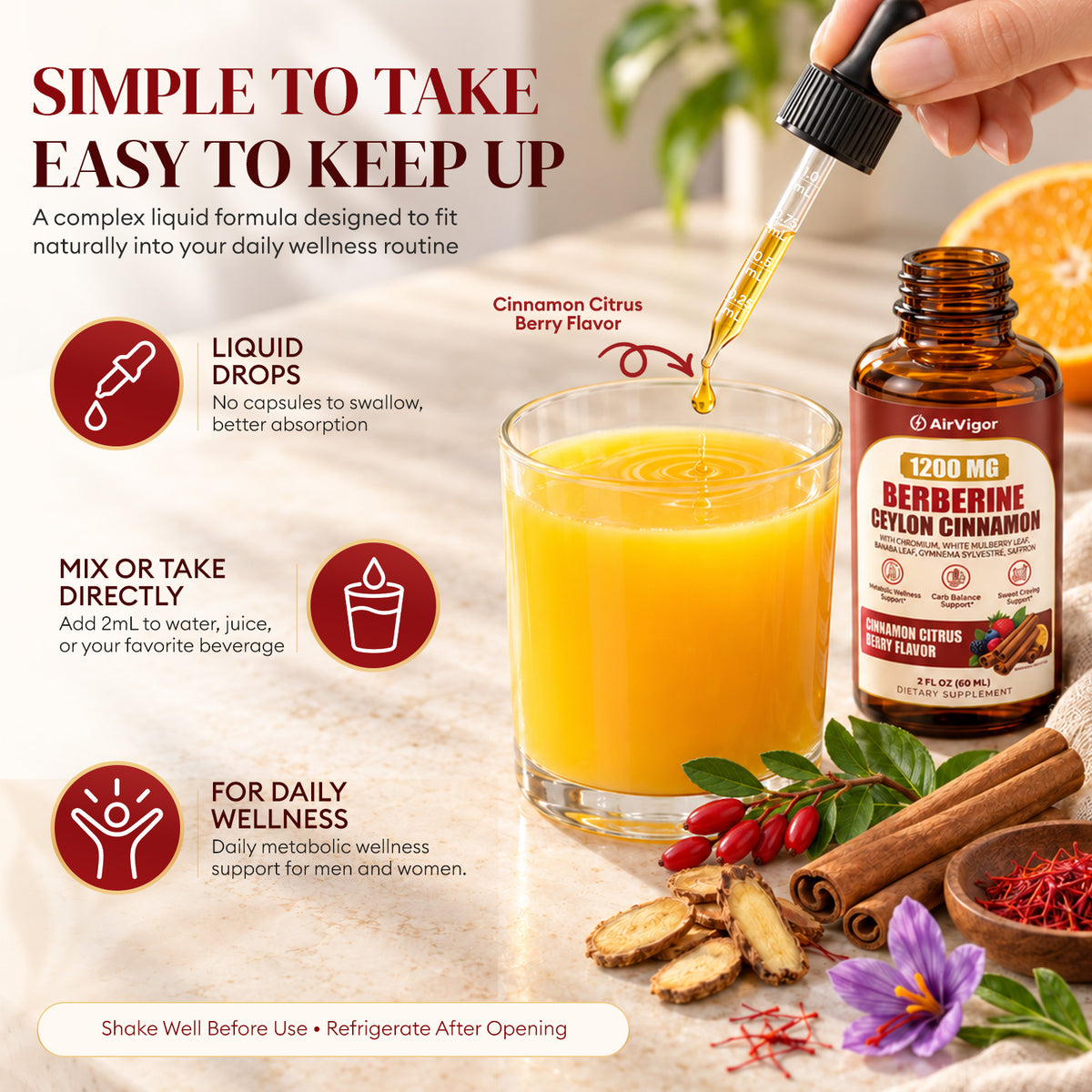 Berberine with Ceylon Cinnamon Supplement Liquid Drops, 1200mg