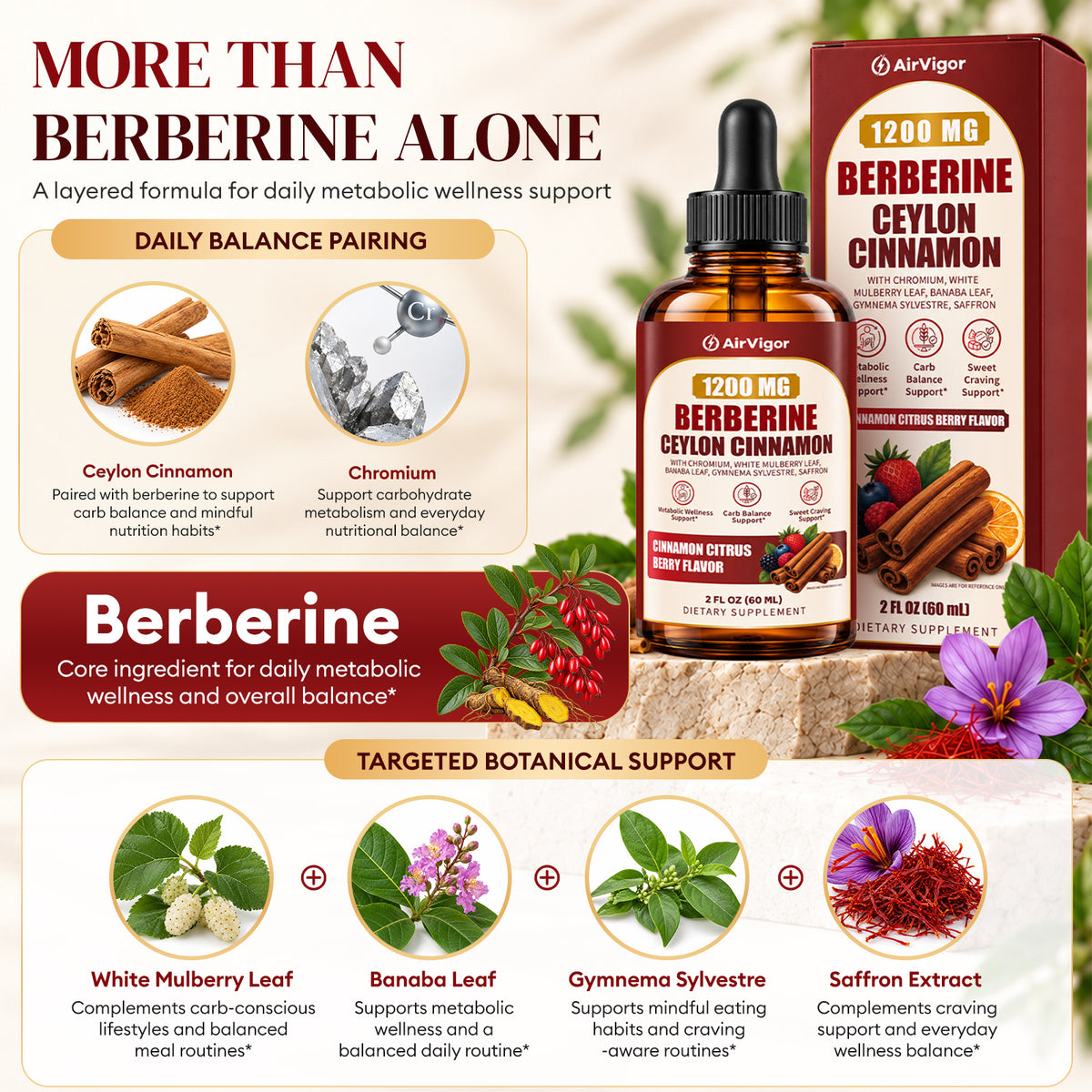 Berberine with Ceylon Cinnamon Supplement Liquid Drops, 1200mg
