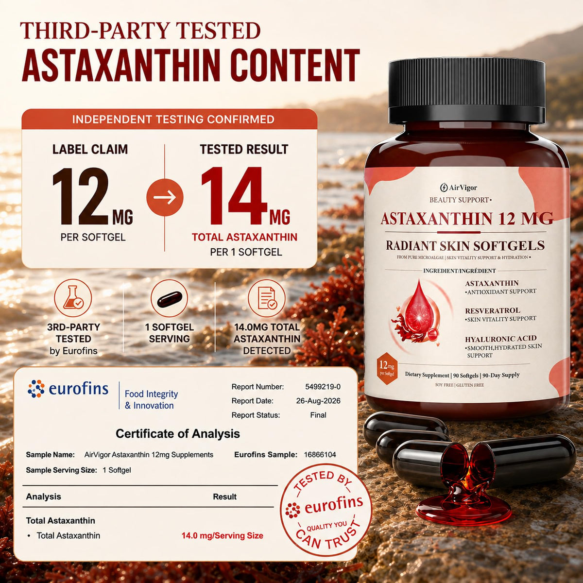 Astaxanthin 12mg Softgels with Hyaluronic Acid for Skin Glow