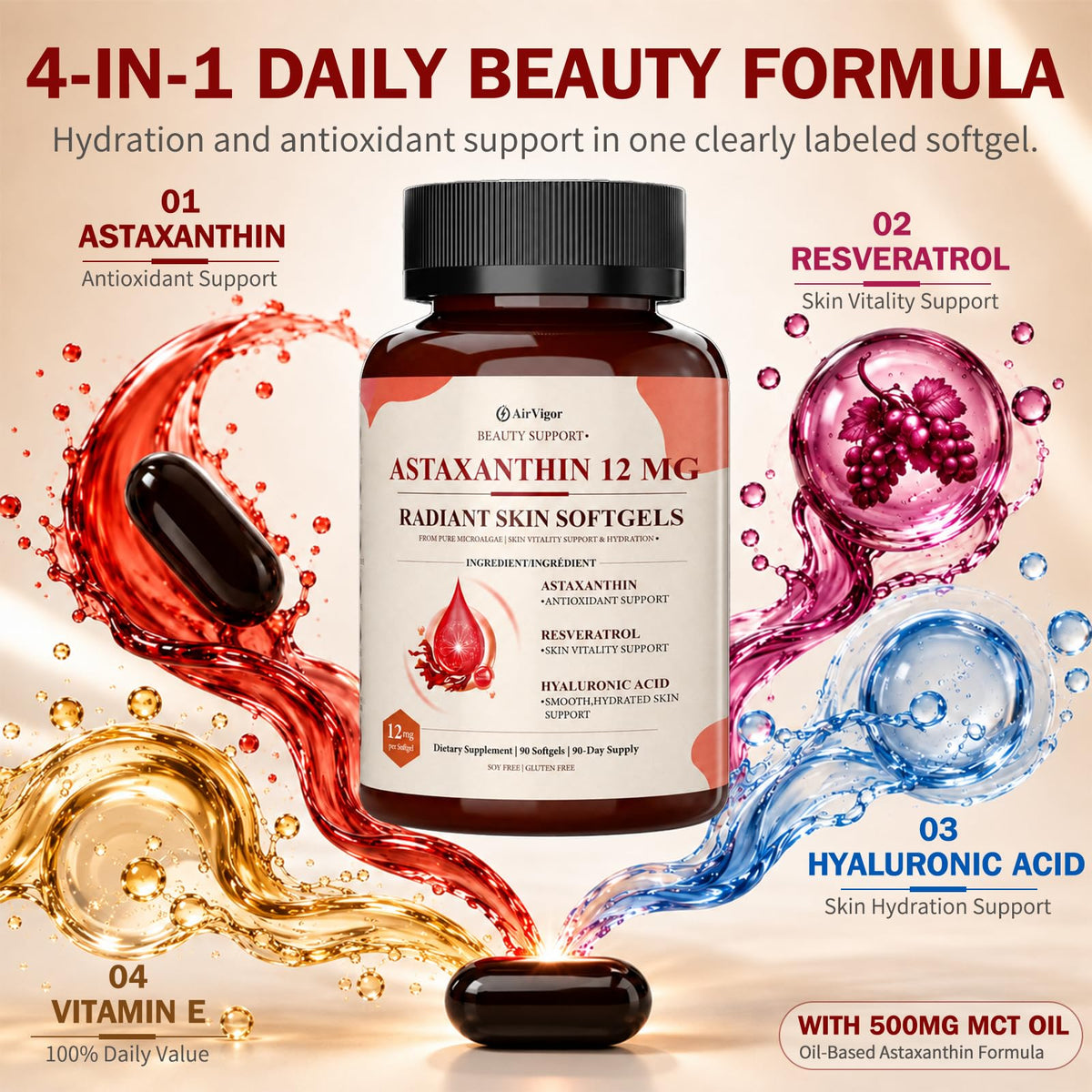 Astaxanthin 12mg Softgels with Hyaluronic Acid for Skin Glow