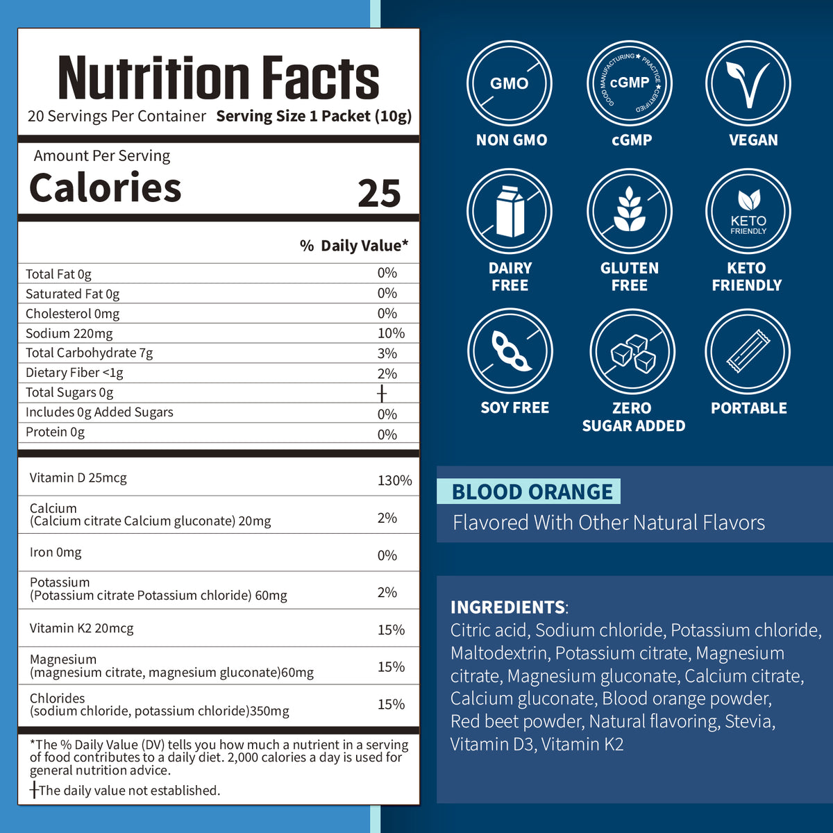 Electrolyte Powder Packets with Vitamin D3 & K2, Zero Sugar Added