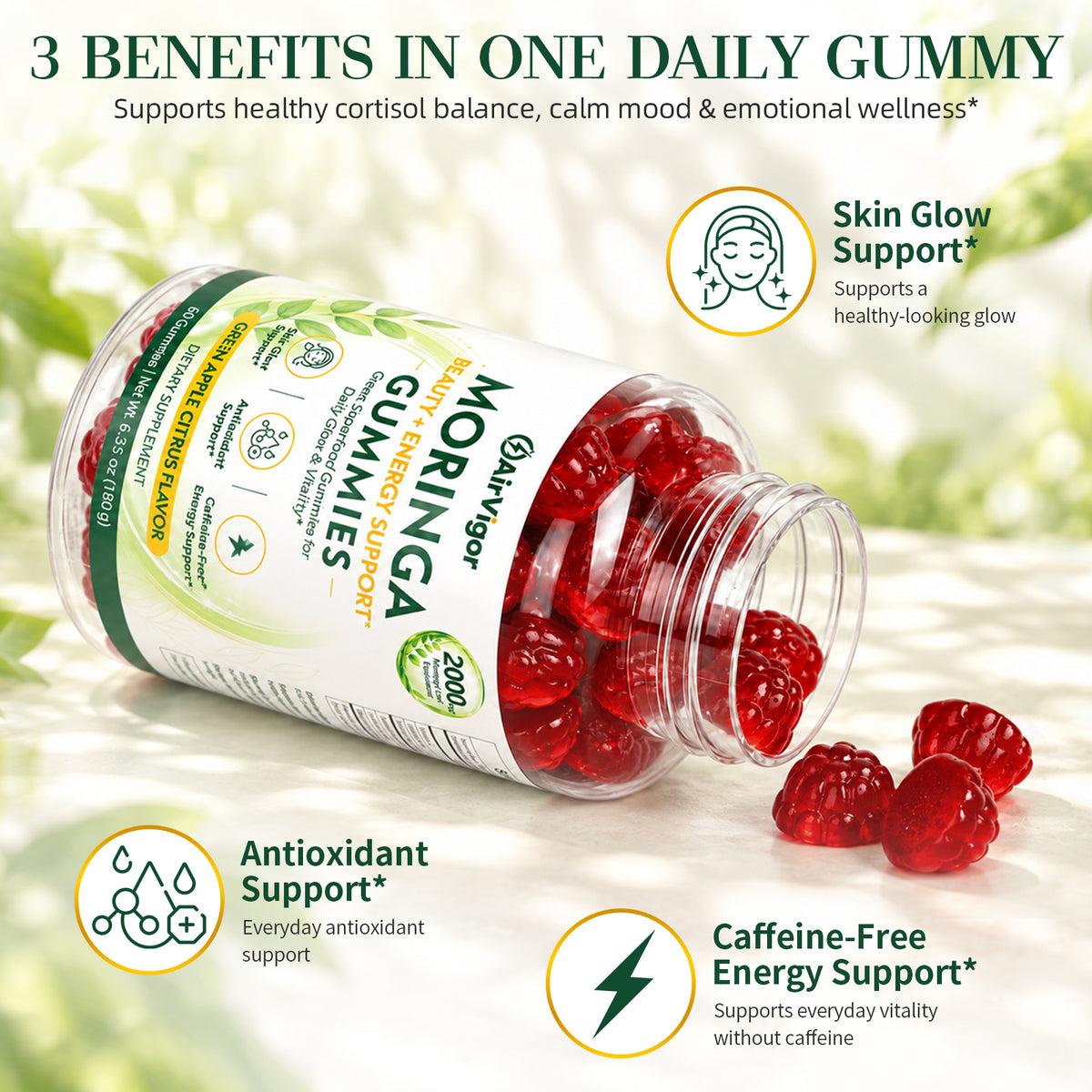 Moringa Gummies, Moringa Leaf Extract 10:1, Green Superfood, Vegan