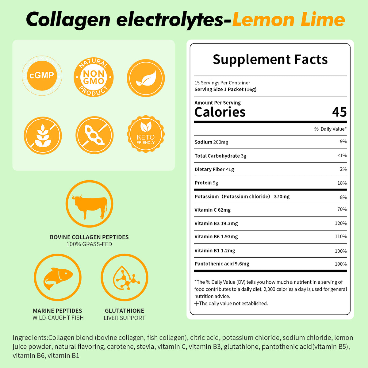 Collagen Electrolytes Powder Packets, 10g Collagen, Lemon Lime