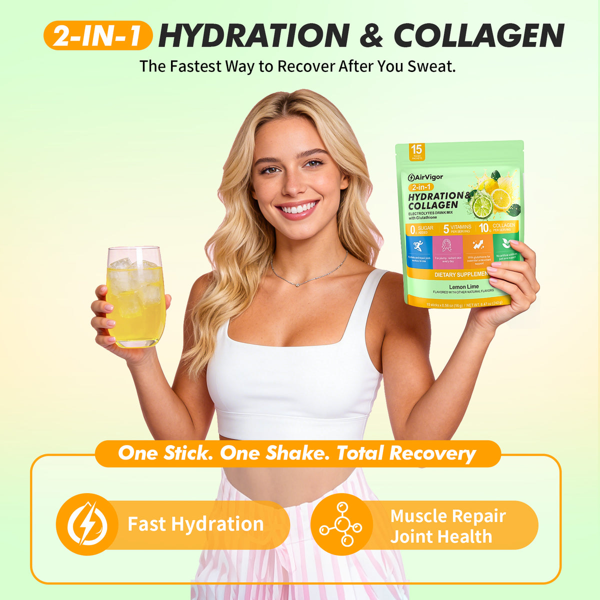 Collagen Electrolytes Powder Packets, 10g Collagen, Lemon Lime