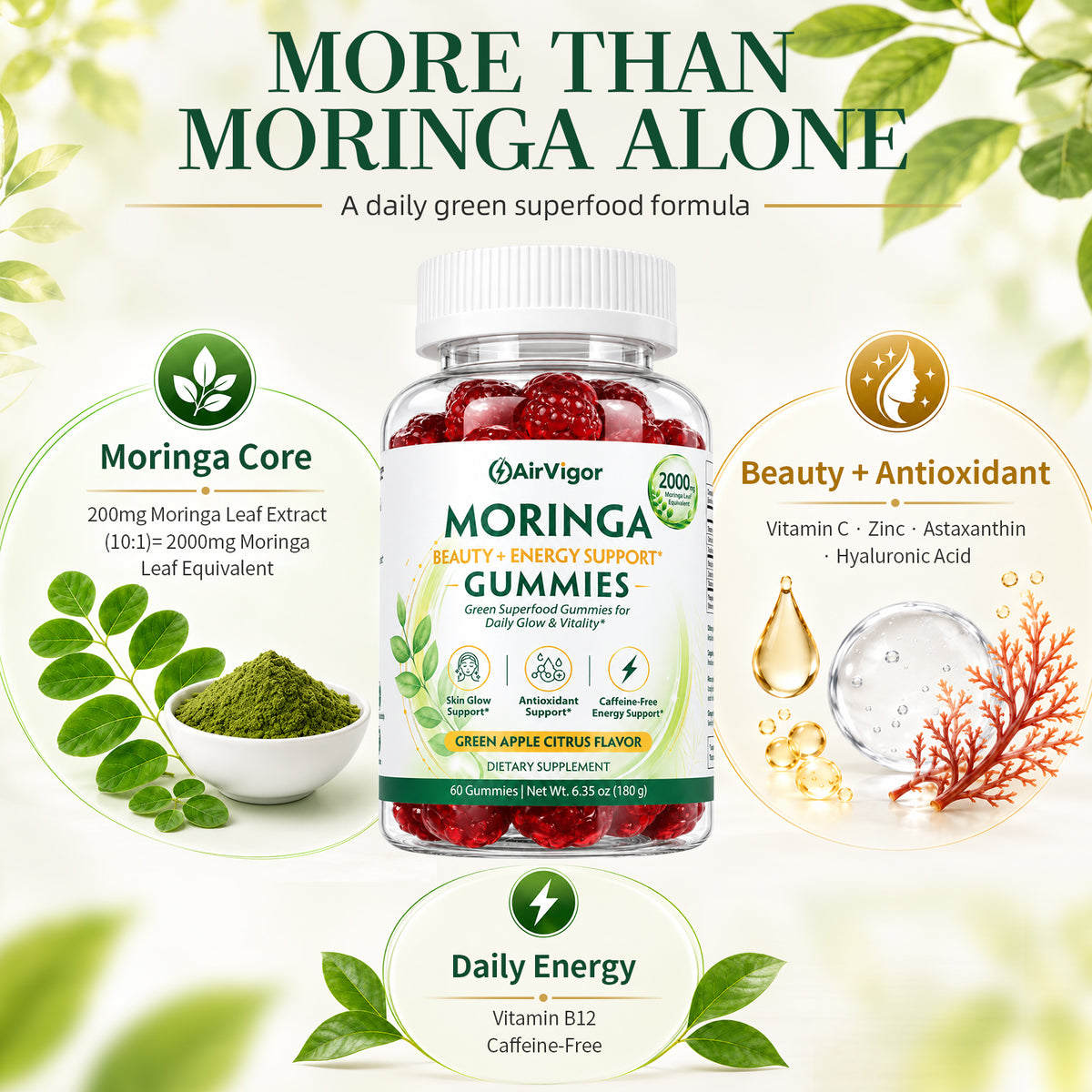 Moringa Gummies, Moringa Leaf Extract 10:1, Green Superfood, Vegan