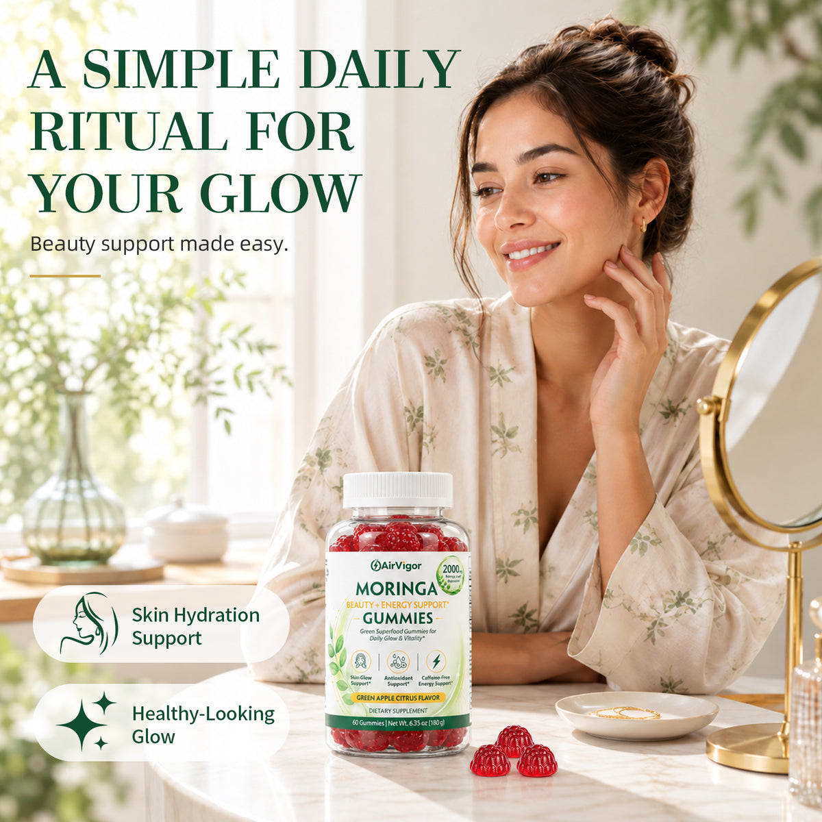 Moringa Gummies, Moringa Leaf Extract 10:1, Green Superfood, Vegan