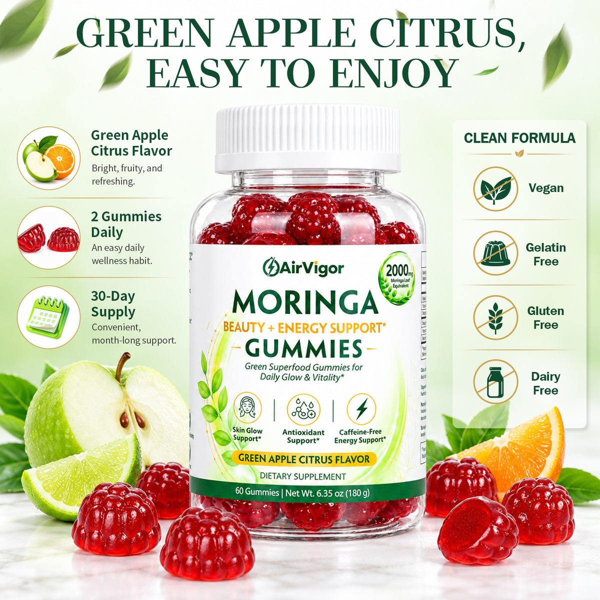 Moringa Gummies, Moringa Leaf Extract 10:1, Green Superfood, Vegan