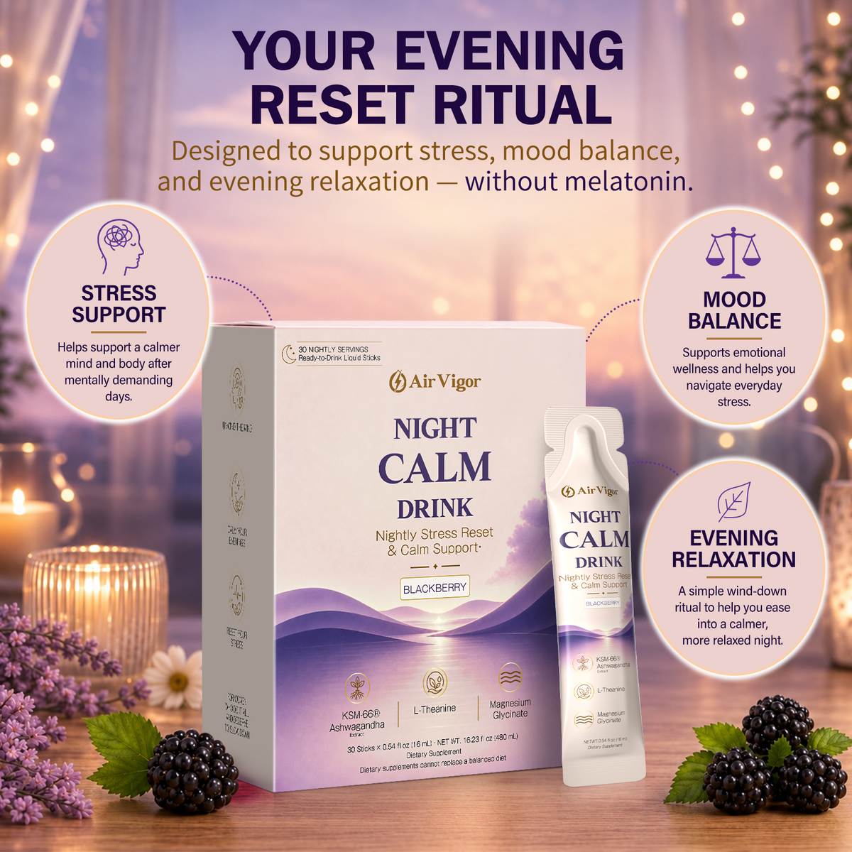 Cortisol Supplements for Women, Ready-to-Drink Night Calm Sticks