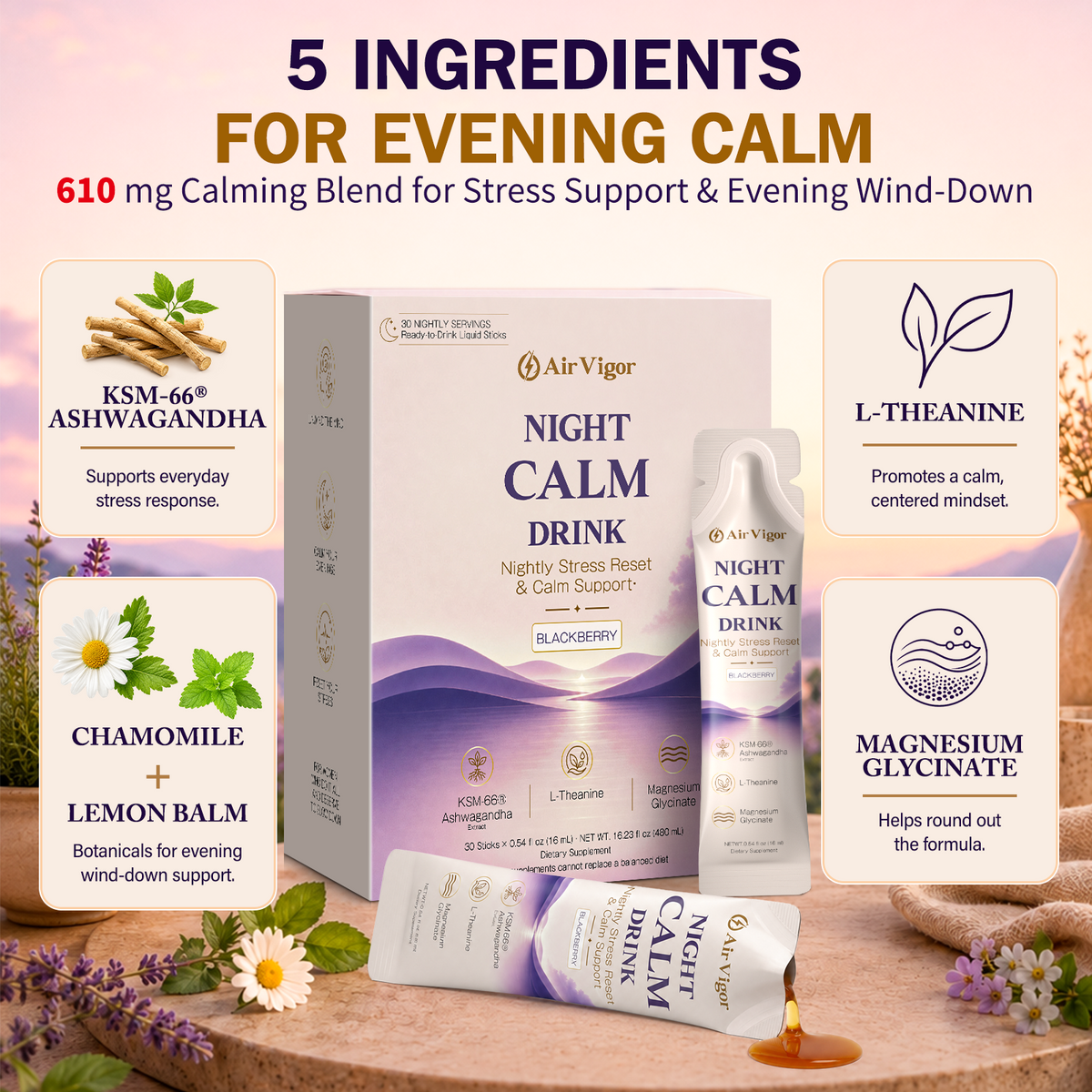 Cortisol Supplements for Women, Ready-to-Drink Night Calm Sticks