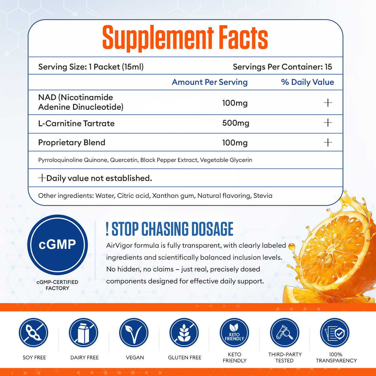 Liposomal NAD Supplement | AirVigor Citrus Liquid Sticks, 1500mg Blend with L-Carnitine for Energy