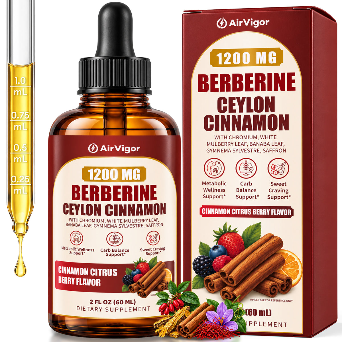 Berberine with Ceylon Cinnamon Supplement Liquid Drops, 1200mg
