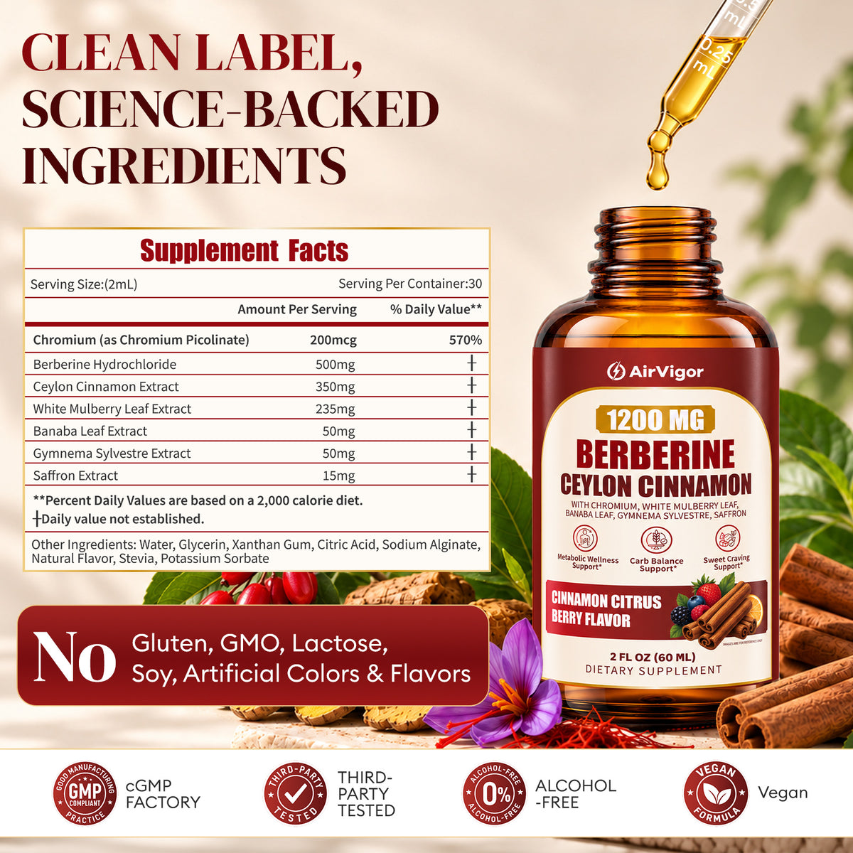 Berberine with Ceylon Cinnamon Supplement Liquid Drops, 1200mg