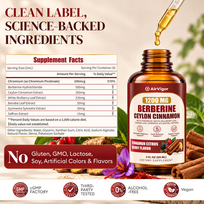 Berberine with Ceylon Cinnamon Supplement Liquid Drops, 1200mg