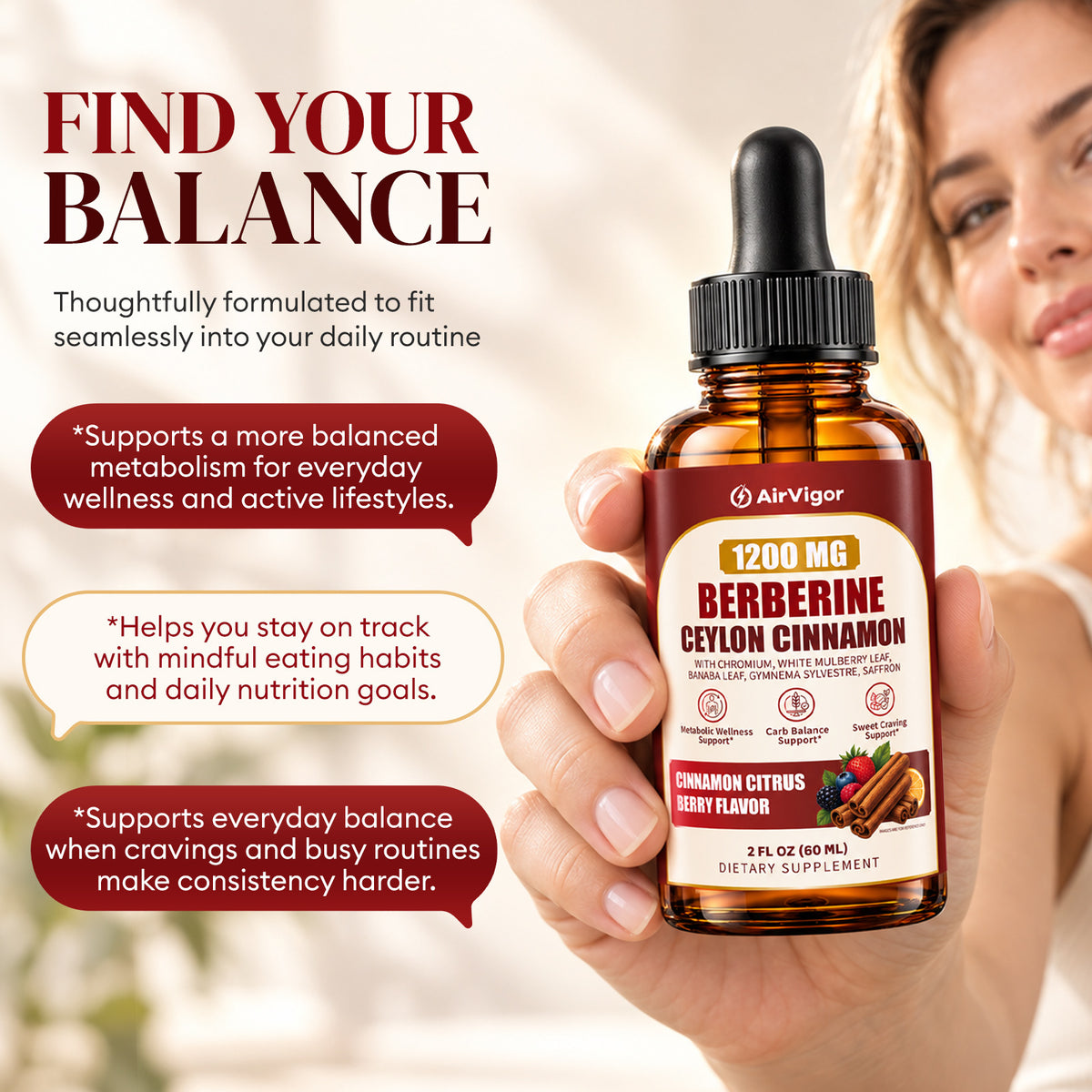 Berberine with Ceylon Cinnamon Supplement Liquid Drops, 1200mg
