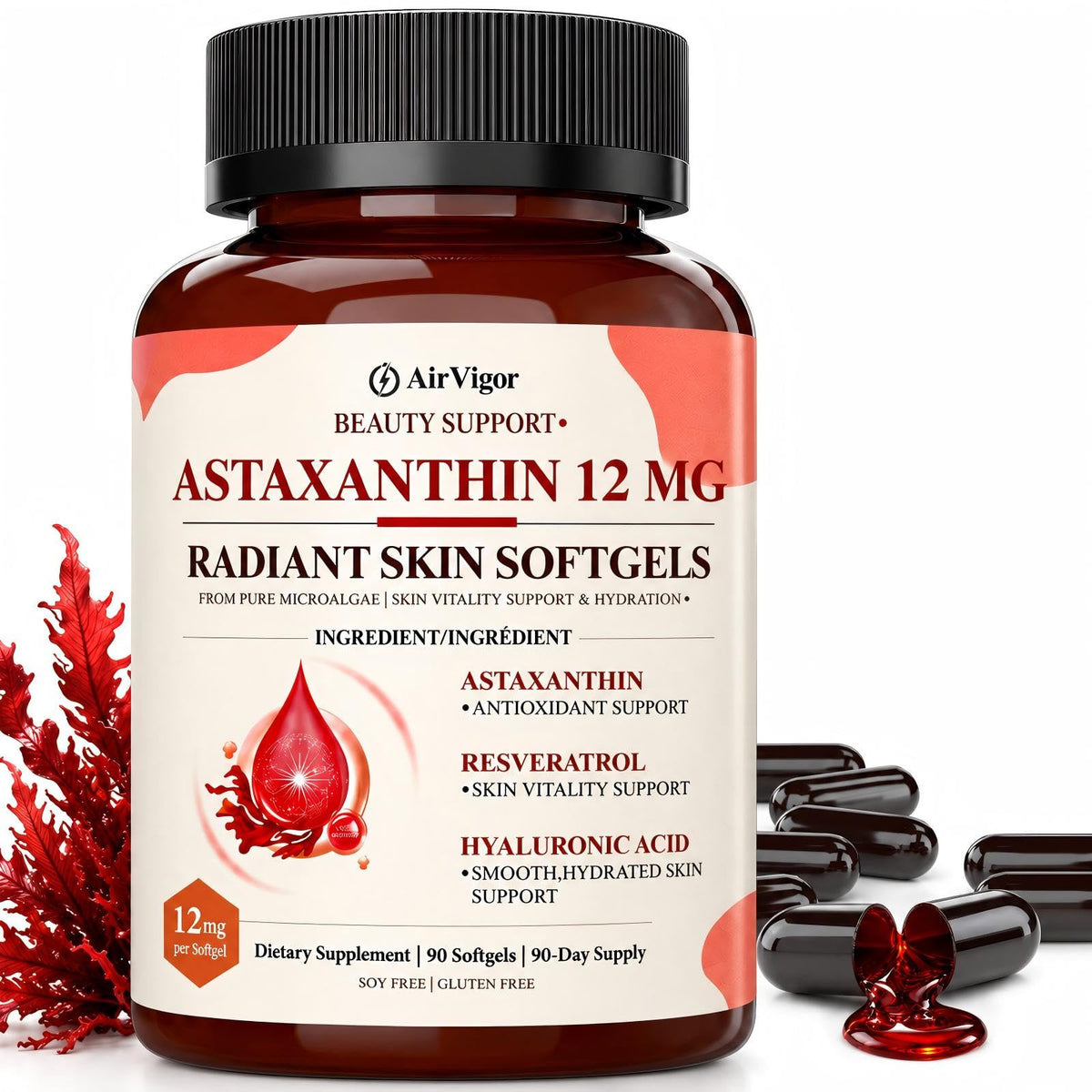 Astaxanthin 12mg Softgels with Hyaluronic Acid for Skin Glow
