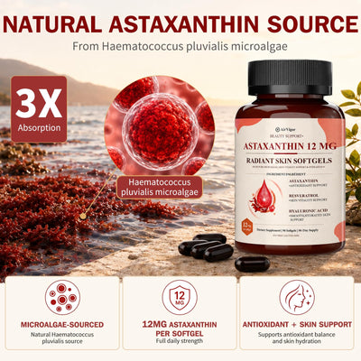 Astaxanthin 12mg Softgels with Hyaluronic Acid for Skin Glow