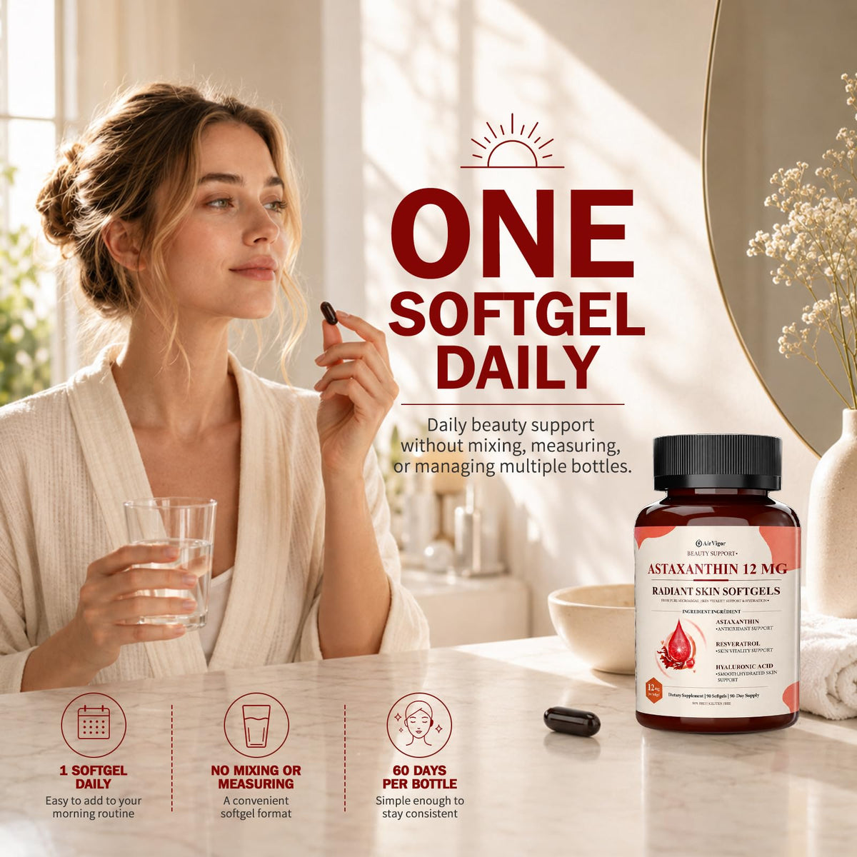 Astaxanthin 12mg Softgels with Hyaluronic Acid for Skin Glow