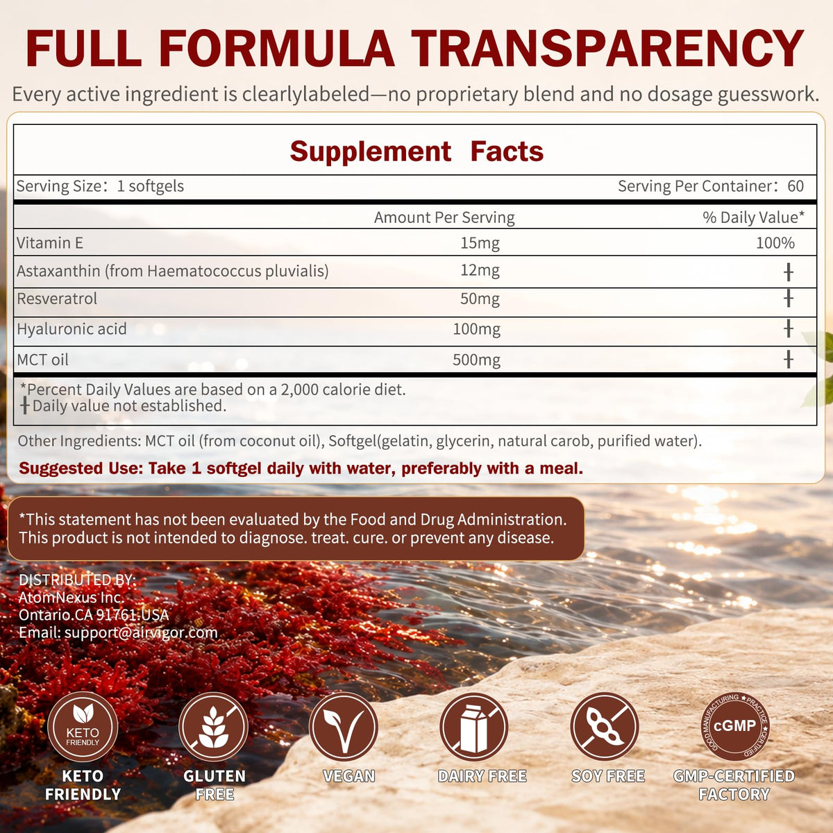 Astaxanthin 12mg Softgels with Hyaluronic Acid for Skin Glow