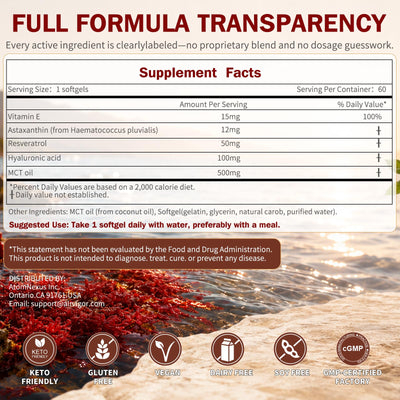 Astaxanthin 12mg Softgels with Hyaluronic Acid for Skin Glow